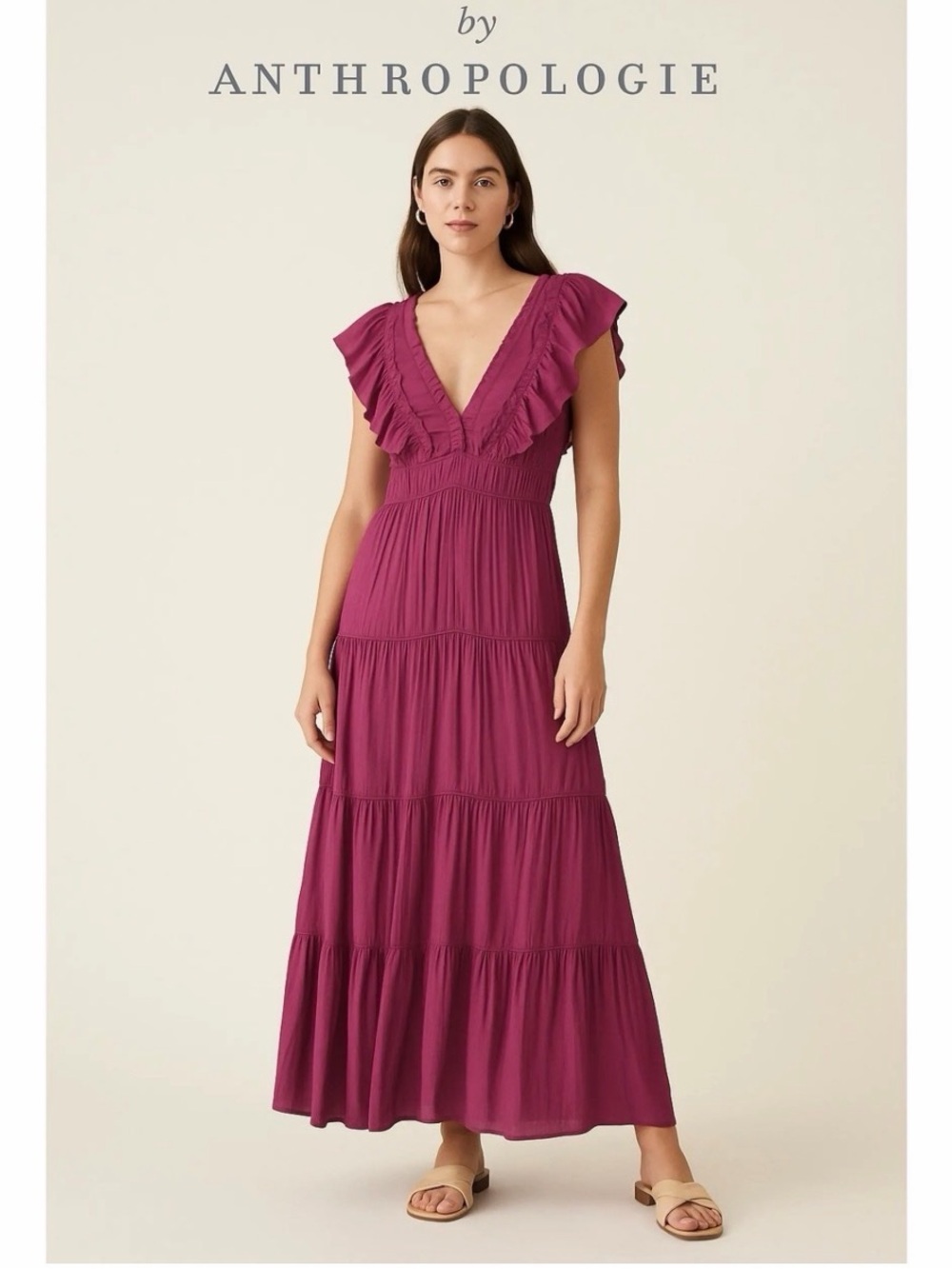 Anthropologie Ruffle Tiered Maxi Dress Boho Cottagecore Open Back Fuchsia Sz XS